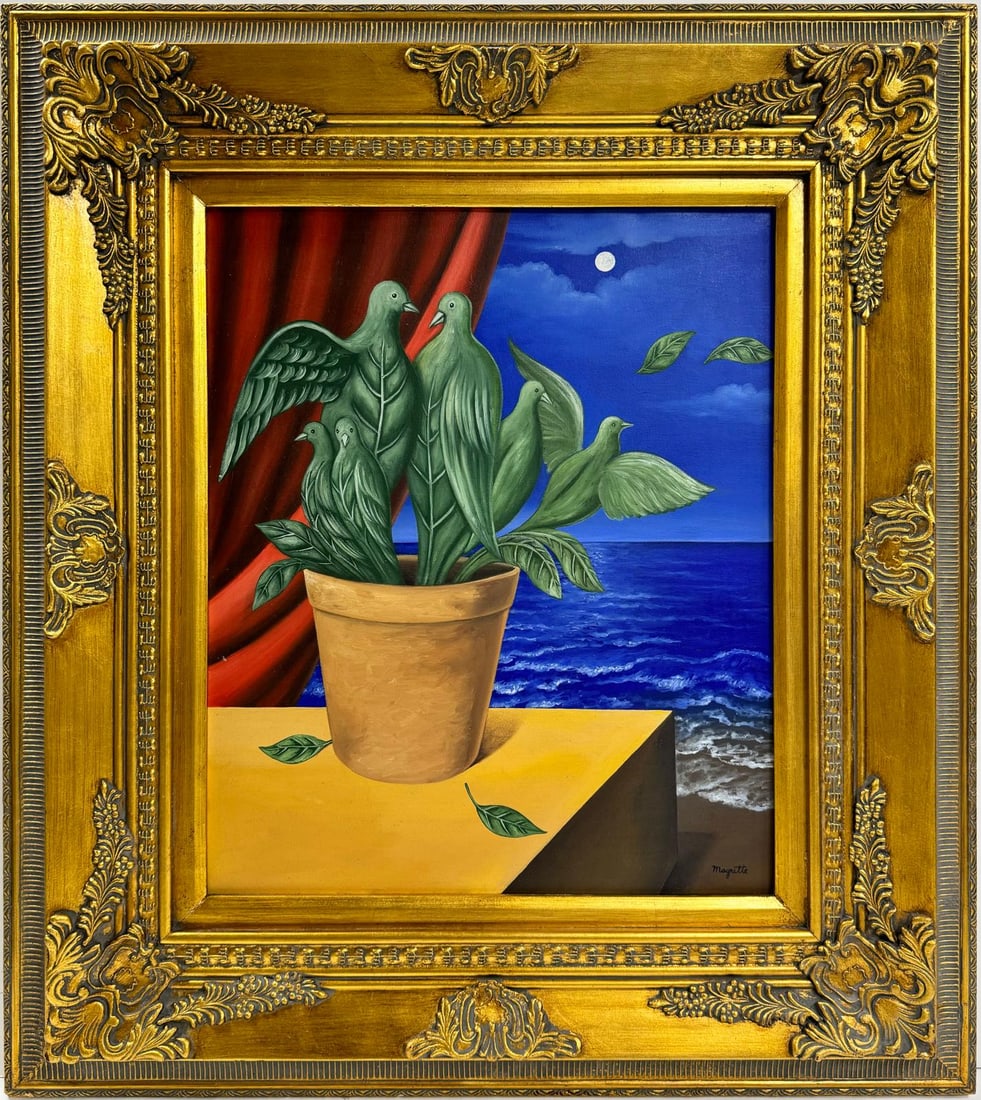 Rene Magritte Belgian 1898 - 1967 Untitled Oil on Canvas Painting In The Style of. Dali Picasso Era: A framed oil painting on canvas, sized at 24 x 20 inches, showcases a mesmerizing scene crafted in the surrealism style. The artwork features doves emerging from a plant, creating a whimsical and drea