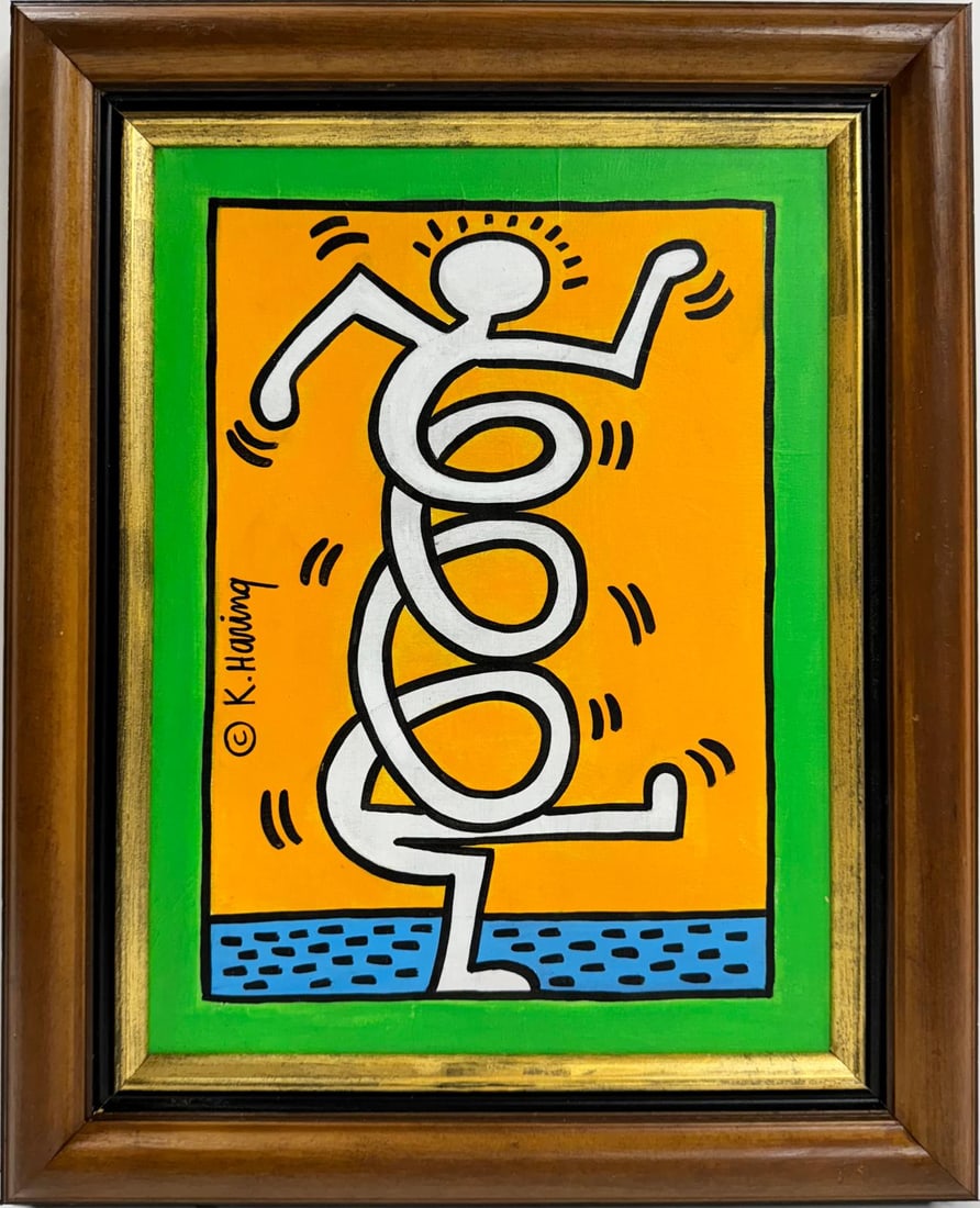 Keith Haring American 1958 - 1990 Acrylic/Canvas In The Style of Warhol Haring Pop Art Era.: An acrylic painting featuring a distinctive character set against a vibrant yellow background, with the character's silhouette resembling a dock shape. Acrylic painting on canvas Measuring 16 x 12 inc