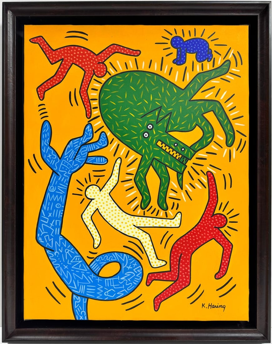 Keith Haring American 1958 - 1990 Acrylic/Canvas In The Style of Warhol Haring Pop Art Era.: An acrylic painting on canvas Measuring 26 x 20 inches, this piece showcases six diverse characters, each captured in dynamic and varied positions, set against a backdrop of contrasting colors. The co