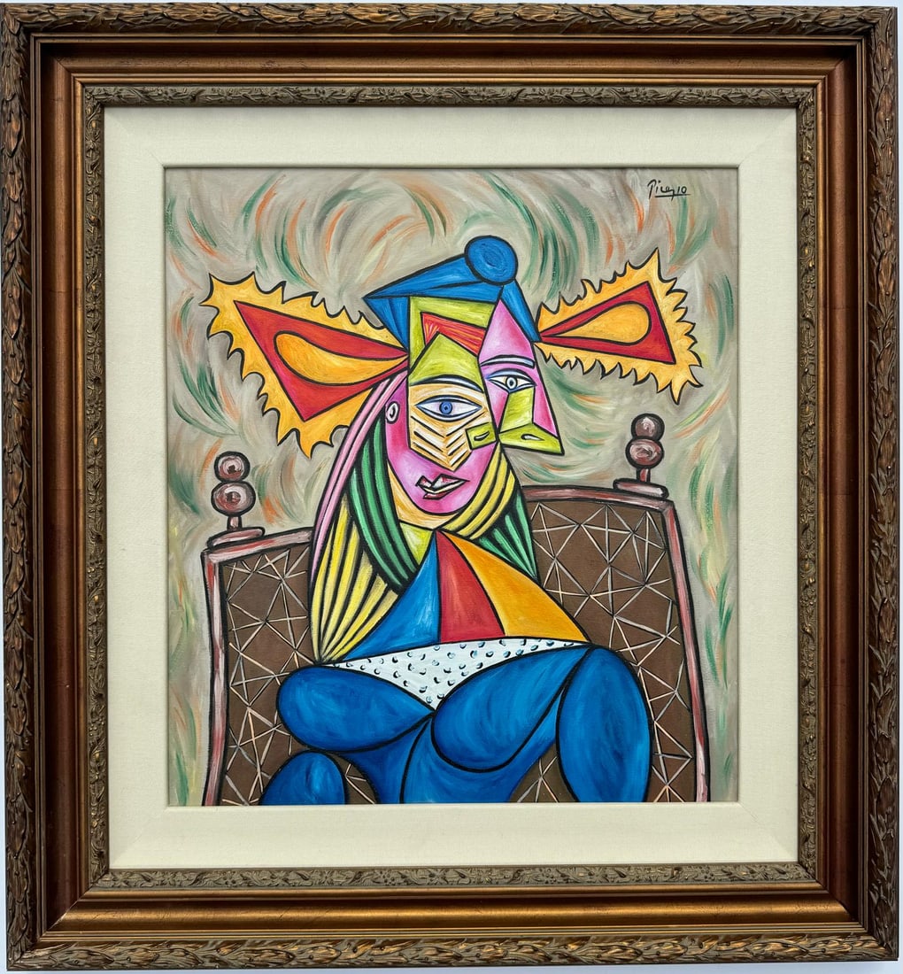 Pablo Picasso Spanish 1881-1973 Beautiful Oil On Canvas Painting In The Style of. Dali Magritte, Era: A framed oil painting portraying a woman adorned with a vibrant hat seated in a chair, with dimensions of 20 x 18 inches, is housed within a private art collection.The artist, a prominent Spanish crea