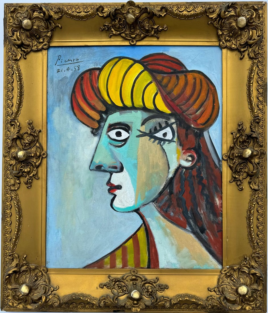 Pablo Picasso Spanish 1881-1973 Beautiful Oil On Canvas Painting In The Style of. Dali Magritte, Era: This portrait of a woman is rendered in soft pastel colors with blue hues dominating the palette. The woman features a distinctive nose, red lips, and is adorned with a unique and stylish hat that add