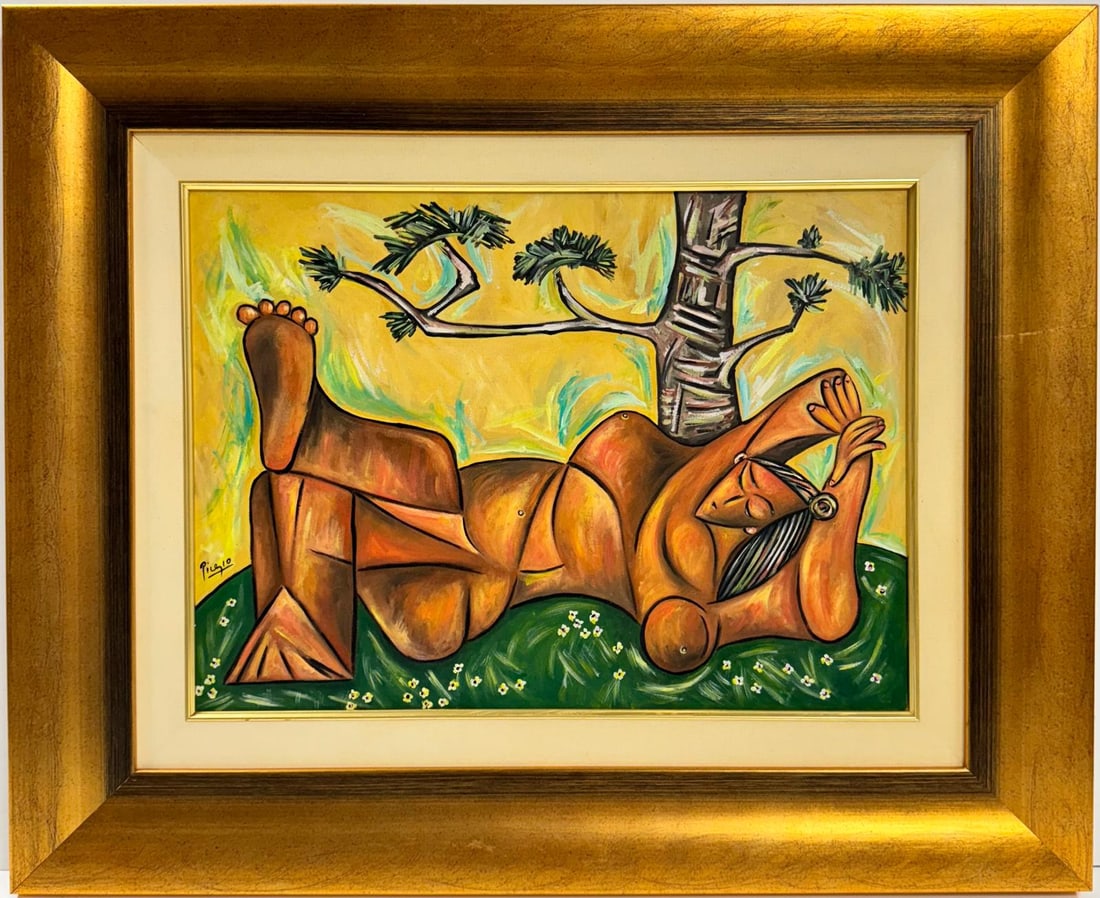 Pablo Picasso Spanish 1881-1973 Beautiful Oil On Canvas Painting In The Style of. Dali Magritte, Era: This cubist oil on canvas painting captures a woman in a seductive pose, showcasing geometric shapes and fragmented forms characteristic of the cubist style. With dimensions of 16 x 22 inches, the art
