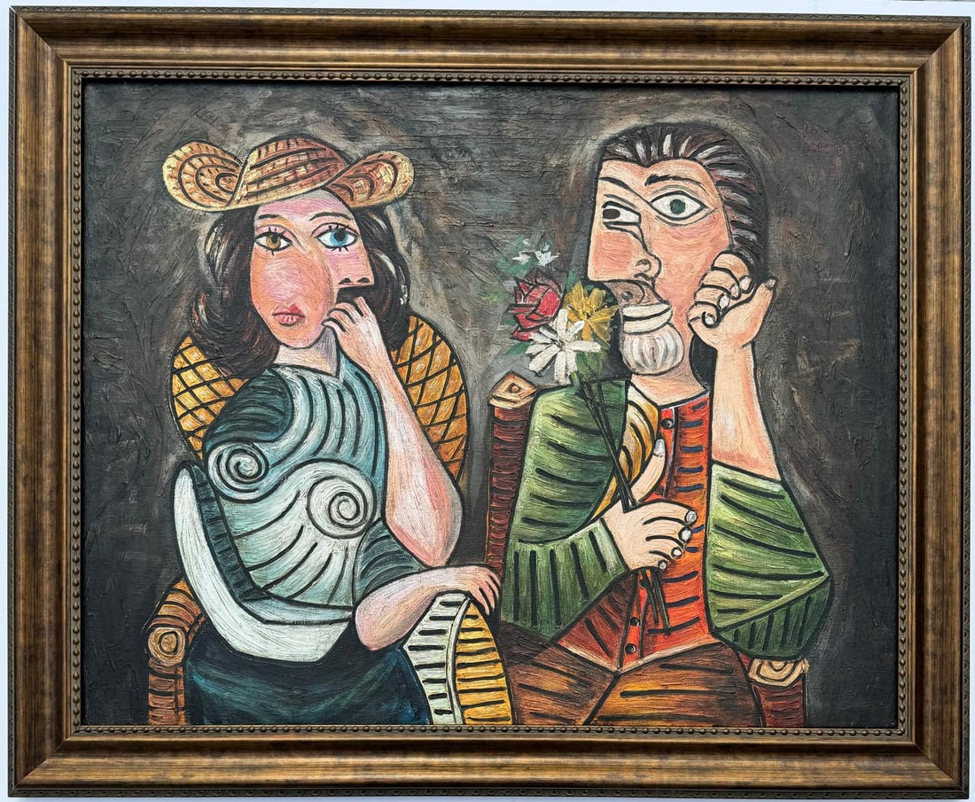 Pablo Picasso Spanish 1881-1973 Beautiful Oil On Canvas Painting in the style of .Dali Magritte, Era: This oil on canvas painting captures a couple sharing a romantic gaze, with the male figure holding flowers, suggesting they are intended for the woman. Measuring 30 x 38 inches, the artwork is framed