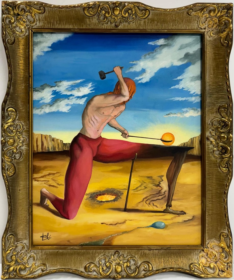 Salvador Dali Spanish 1904 - 1989 Oil on Canvas Painting in the style of. Magritte Ernst Picasso Era: This surrealist oil on canvas painting features a striking image of a man wielding a hammer, nailing the sun to one of his legs, set against a desert backdrop. With dimensions of 20 x 16 inches, the a