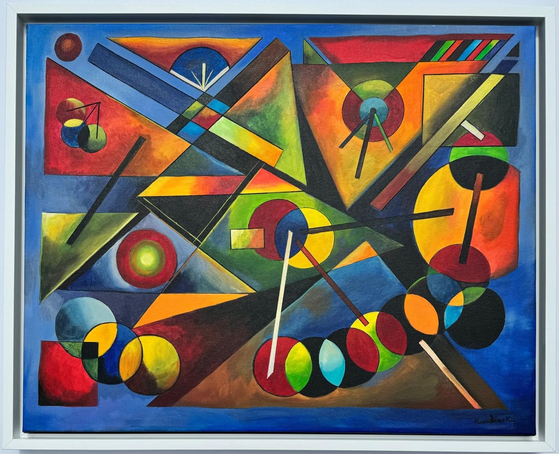 Wassily Kandinsky 1866 - 1944 Oil on Canvas Painting in the style of. Mondrian. Kazimir Malevich Era: Beautiful Abstract Composition, measuring 23 x 30 inches, showcases an abstract composition featuring geometric shapes and a vibrant palette. Originating from a private collection in Europe. Executed 