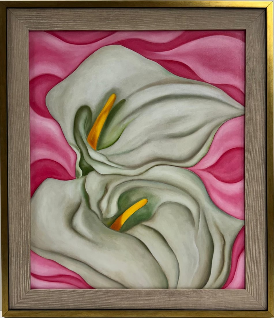Georgia O'Keeffe American 1887 - 1986 Untitled Oil On Canvas Painting in the style of Art Flower: A framed oil painting on canvas,Measuring 24 x 20 inches, showcases a vibrant display of multicolored flowers rendered in a harmonious blend of warm and cool tones. The contrasting colors create a dyn