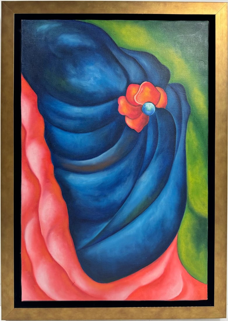 Georgia O'Keeffe American 1887 - 1986 Untitled Oil On Canvas Painting in the style of Art Flower: A framed oil painting on canvas,Measuring 24 x 20 inches, showcases a vibrant display of multicolored flower rendered in a harmonious blend of warm and cool tones. The contrasting colors create a dyna