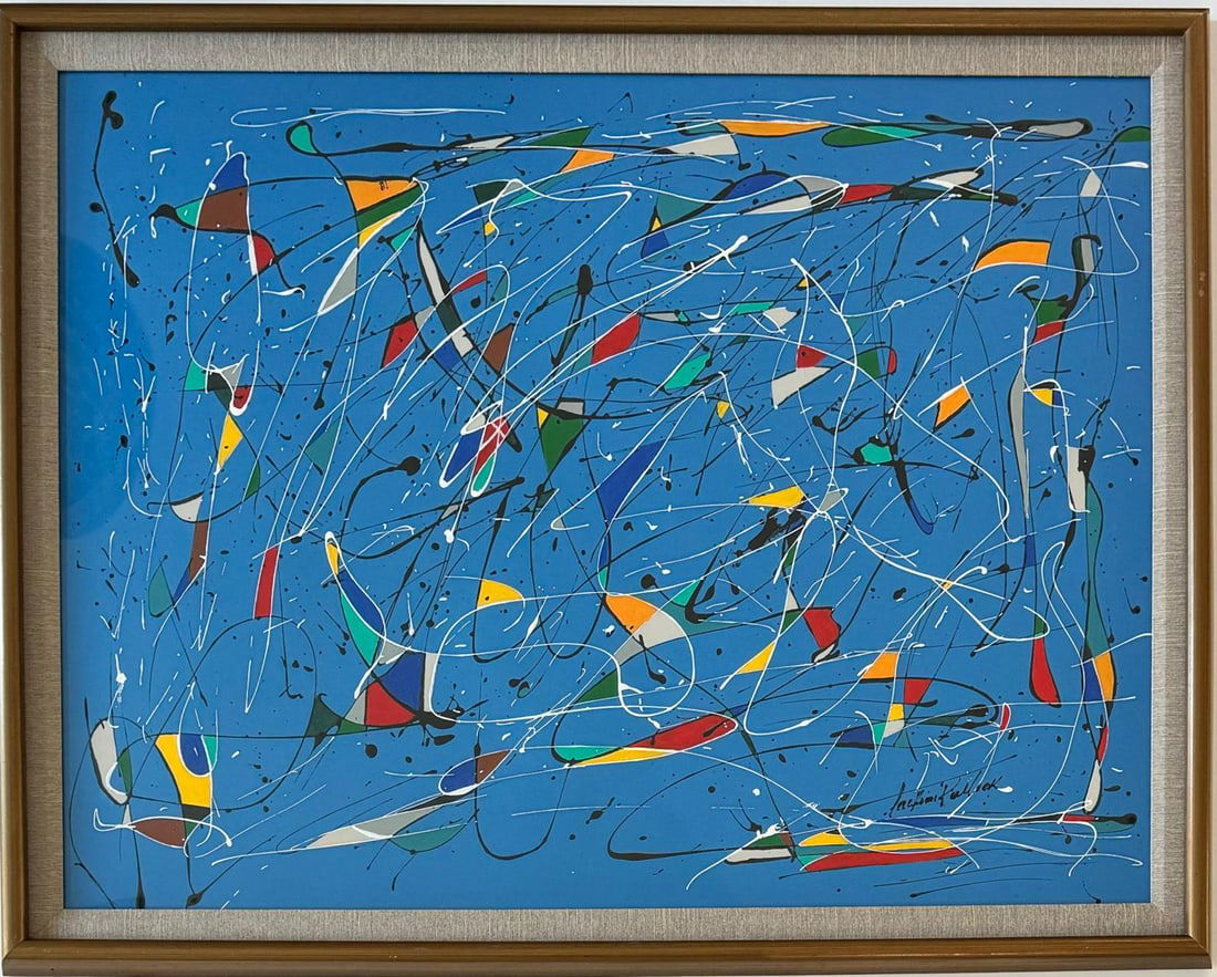 Jackson Pollock American Oil on Paper Painting In The Style of. Rothko Kline de Kooning O'Keeffe.: This abstract oil painting on paper showcases a rich variety of colors set against a blue background. With dimensions of 30.5 x 40 inches, the artwork is part of a private collection and comes elegant