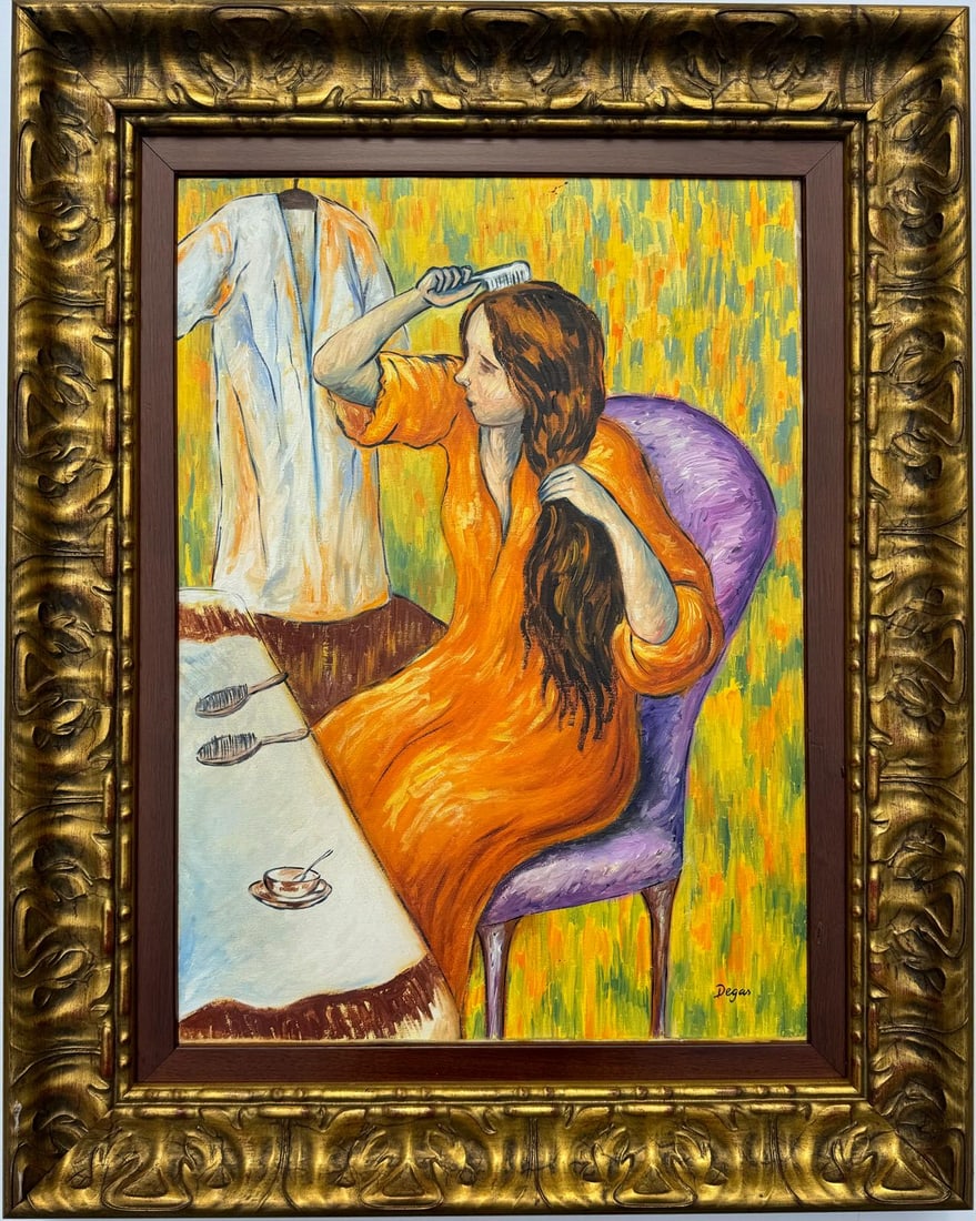 Edgar Degas French 1834-1917 Oil on Canvas in the style of. Monet Klimt Degas Schiele Era: A framed oil on canvas painting portrays a woman seated at a vanity, delicately brushing her hair. The artwork measures 22 x 16 inches and resides in a private collection.French artist renowned for hi