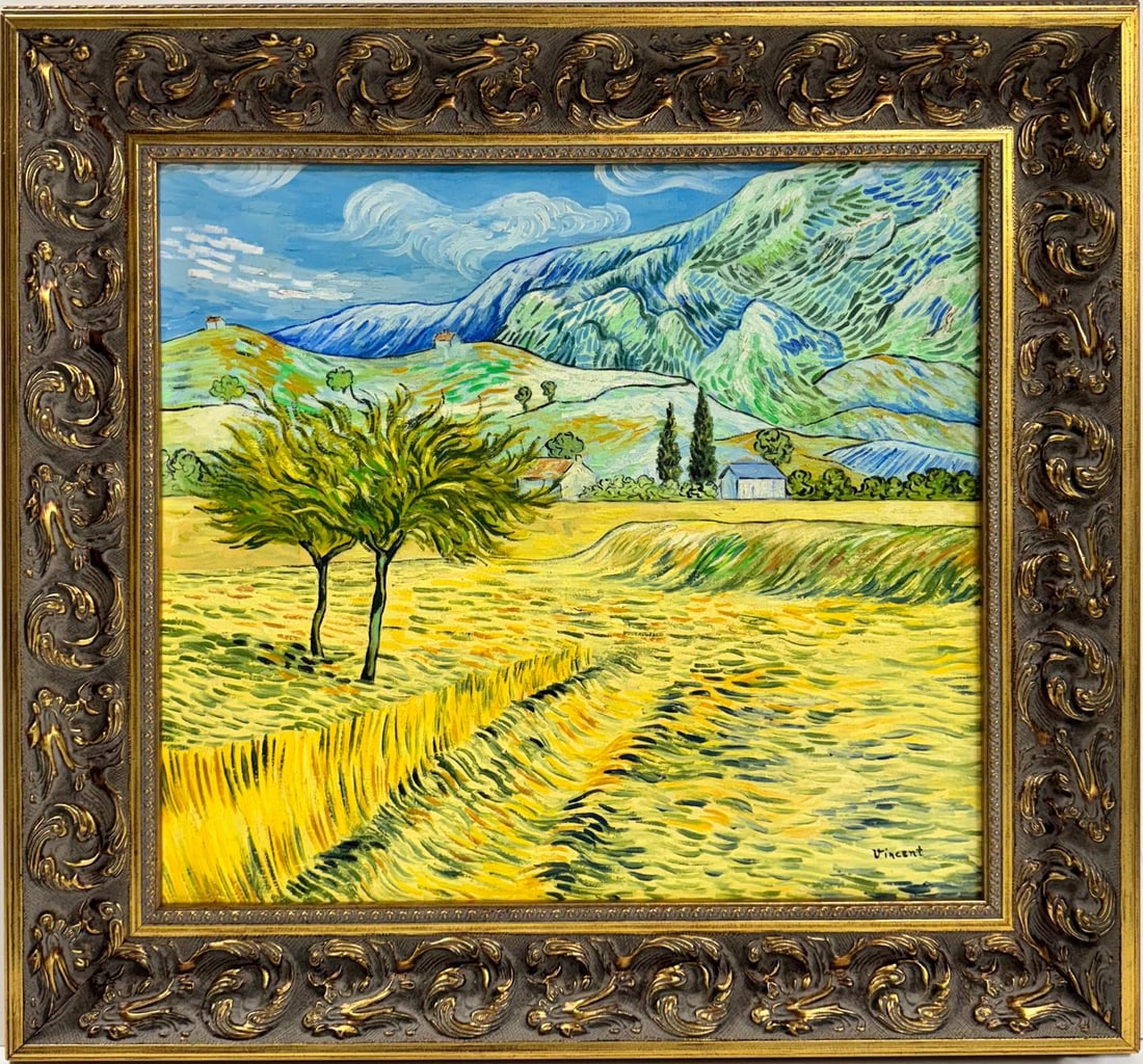 Vincent Van Gogh Dutch 1853-1890 Oil on Canvas painting in the style style of. Gaugin, Degas Era: This rural landscape painting captures a serene scene with mountains, a prominent tree, a distant house, and a vibrant yellow field. With dimensions of 18 x 20 inches, the artwork is part of a private