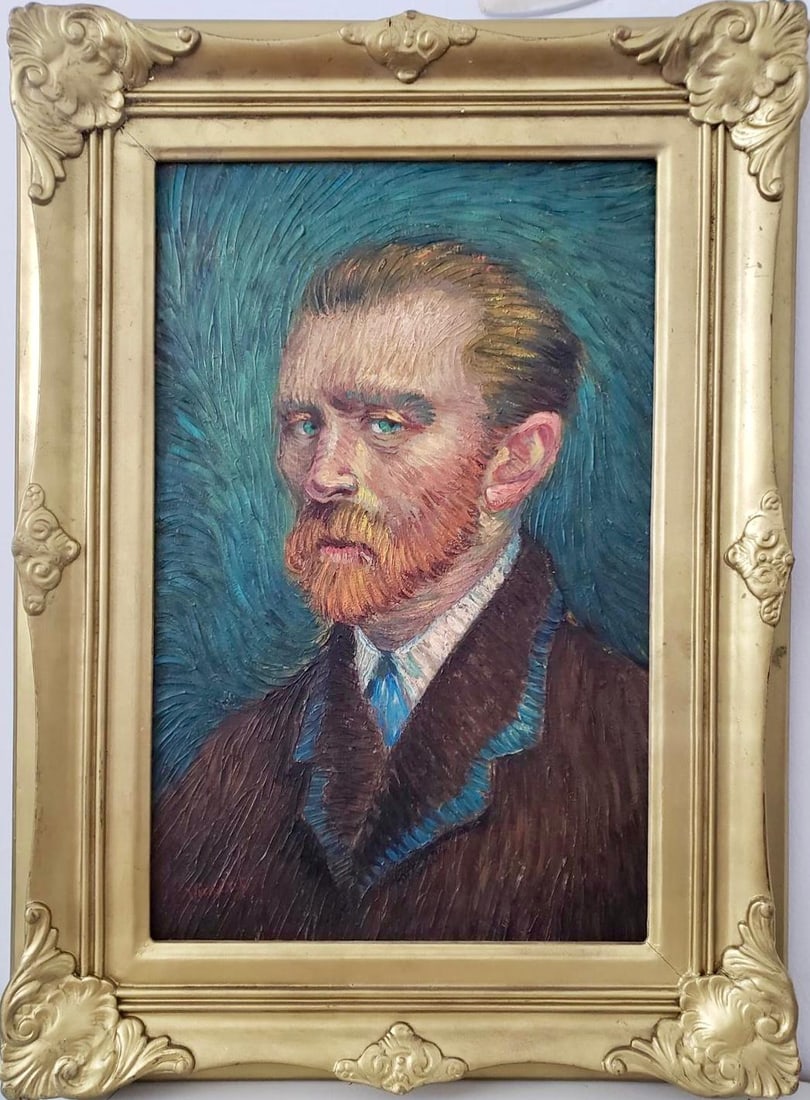 Vincent Van Gogh Dutch 1853-1890 Oil on Canvas painting in the style style of. Gaugin, Degas Era: This oil on canvas painting is a portrait of Vincent van Gogh, capturing the essence of the renowned artist. With dimensions of 18 x 11 inches, the artwork is part of a private collection and comes fr