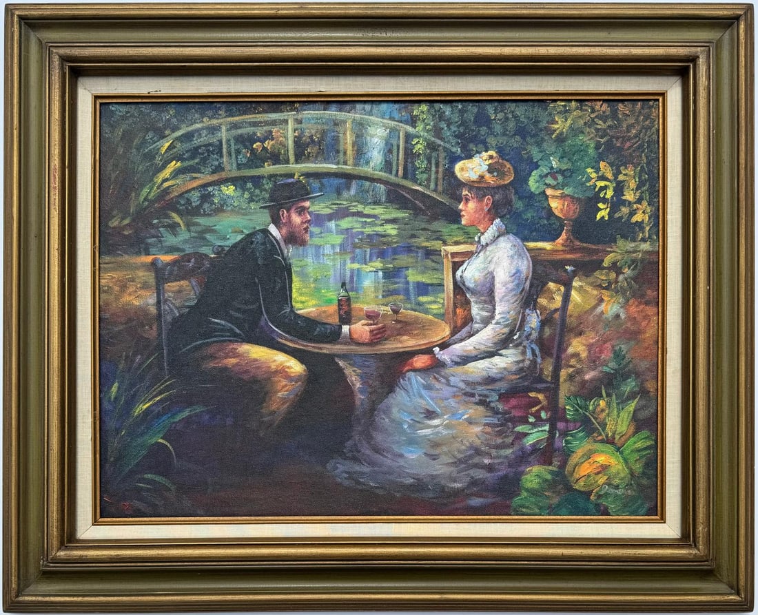 Pierre Auguste Renoir French 1841-1919 Oil on Canvas in the style of. Monet Klimt Degas Schiele Era: This oil on canvas painting portrays a couple seated around a table by a river in a garden, enveloped by lush natural surroundings. With dimensions of 18 x 24 inches, the artwork is part of a private 