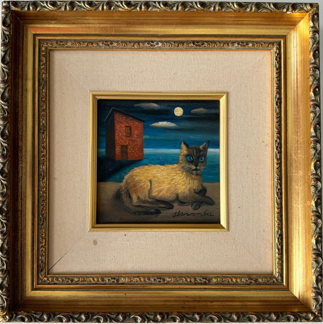 Gertrude Abercrombie American 1907-1977 Oil on Masonite Painting In The Style of. Magritte Dali Era.: This oil on board painting portrays a cat lounging on a beach, with a distinctive red house and a crescent moon adding to the atmospheric scene. of 5 x 5 inches. This artwork has a distinguished prove