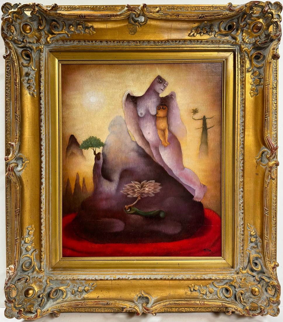 Tilsa Tsuchiya Peruvian (1928-1984) Oil on Canvas. Latin American Szyszlo Era: A surrealist depiction of a mother and her baby is captured in an oil painting on canvas, measuring 23.5 x 20 inches. This artwork is part of a private collection and is elegantly framed.Peruvian arti