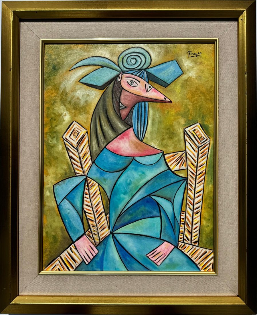 Pablo Picasso Spanish 1881-1973 Oil On Canvas Painting in the style of. Dali, Magritte, Era: In a meticulously crafted oil painting, elegantly framed and measuring a modest 17 x 13 inches, the viewer is drawn into a captivating world of imagination. At the heart of the canvas stands a charact