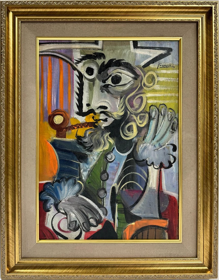 Pablo Picasso Spanish 1881-1973 Beautiful Oil On Canvas Painting In The Style of. Dali Magritte, Era: An oil painting on canvas captures the essence of a character adorned in a striking hat and distinctive attire, complete with a charming mustache. With dimensions of 20 x 14 inches, this captivating a