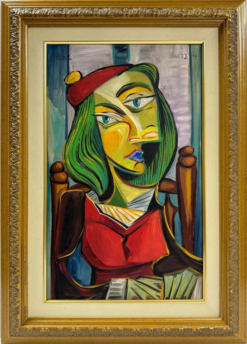 Pablo Picasso Spanish 1881-1973 Beautiful Oil On Canvas Painting in the style of Dali Magritte, Era: In an oil on canvas painting measuring 25.5 x 16 inches, a captivating scene unfolds featuring a woman adorned in a striking red dress and hat, her hair styled in vibrant green hues. Employing the inn