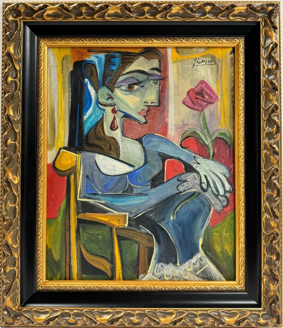 Pablo Picasso Spanish 1881-1973 Beautiful Oil On Canvas Painting In The Style of. Dali Magritte, Era: In a captivating display of Cubism, an oil painting on canvas presents a fragmented portrayal of a woman seated in a chair, elegantly holding a red scarf. With dimensions measuring 21 x 17 inches, thi