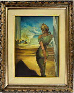 Salvador Dali Spanish 1904 - 1989 Oil on Canvas Painting in the style of. Magritte Ernst Picasso Era: In this surrealistic artwork, the form of a blonde woman gazes out towards a vast desert under a serene blue sky. The painting, rendered in oil on canvas, measures 15.5 x 12 inches and is exquisitely