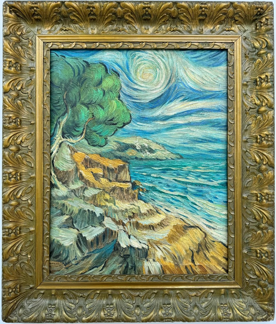 Vincent Van Gogh Dutch 1853-1890 Oil on Canvas painting in the style of Gaugin, Degas Era: An oil painting on canvas, measuring 20 x 16 inches, portrays a cliff with a distinctively captivating style characterized by various shades of blue. The artist's signature swirl in the sky adds a tou