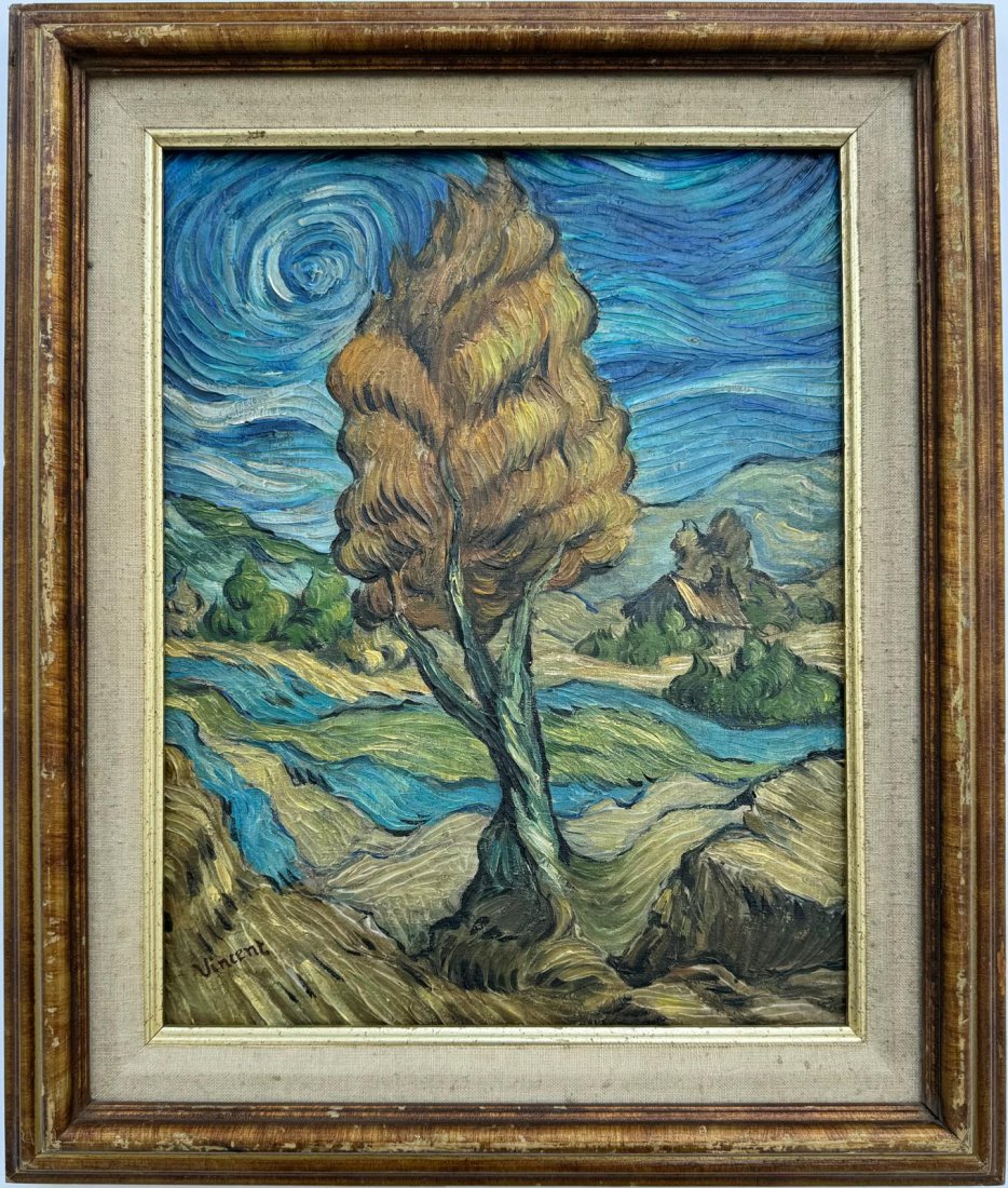 Vincent Van Gogh Dutch 1853-1890 Oil on Canvas painting in the style of . Gaugin, Degas Era: An oil painting on canvas captures the serene beauty of a majestic tree set against the backdrop of a clear blue sky. With dimensions of 14 x 11 inches, this enchanting artwork is delicately framed an