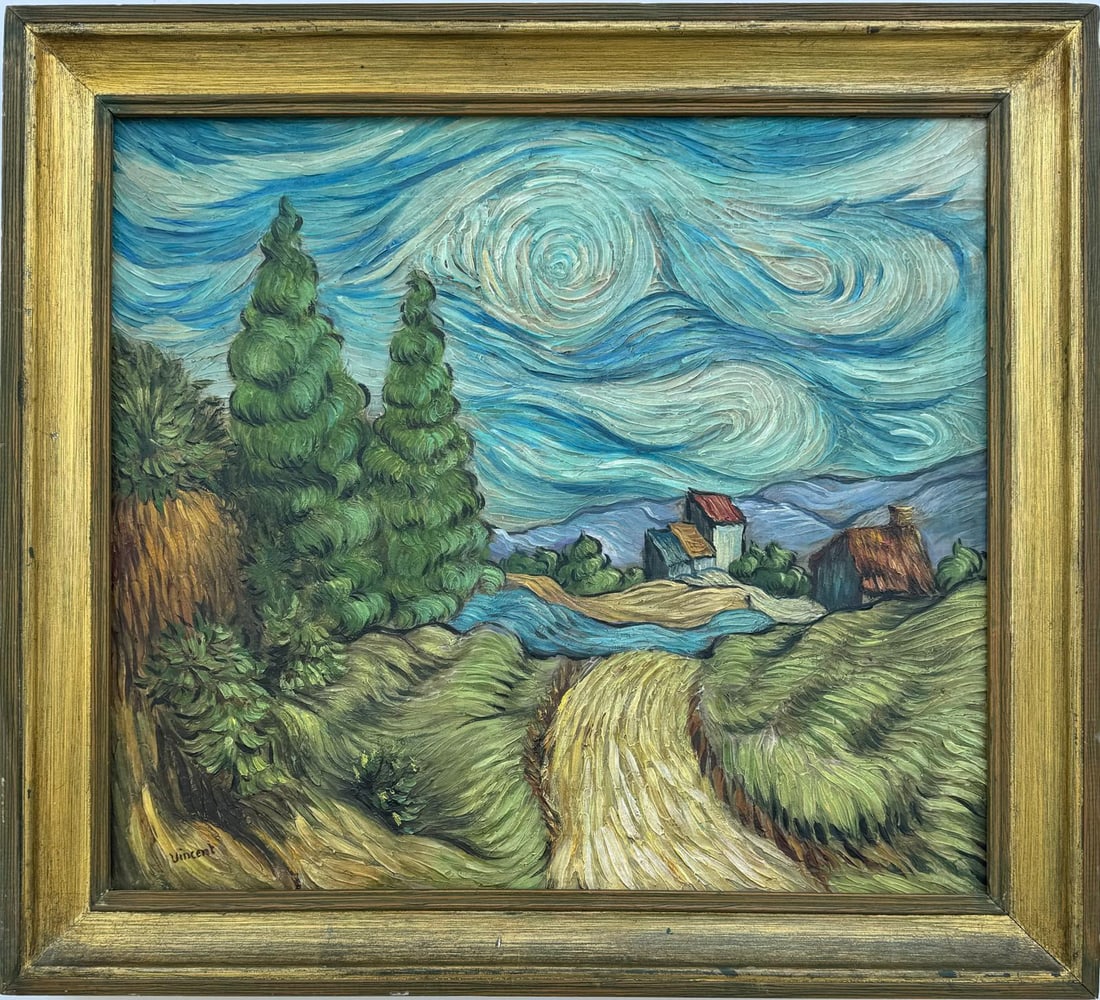Vincent Van Gogh Dutch 1853-1890 Oil on Canvas painting in the style of . Gaugin, Degas Era: An oil painting on canvas presents a picturesque countryside scene, capturing the charm of a leisurely walk amidst rolling hills and verdant fields under a vast blue sky. The artist's signature style 
