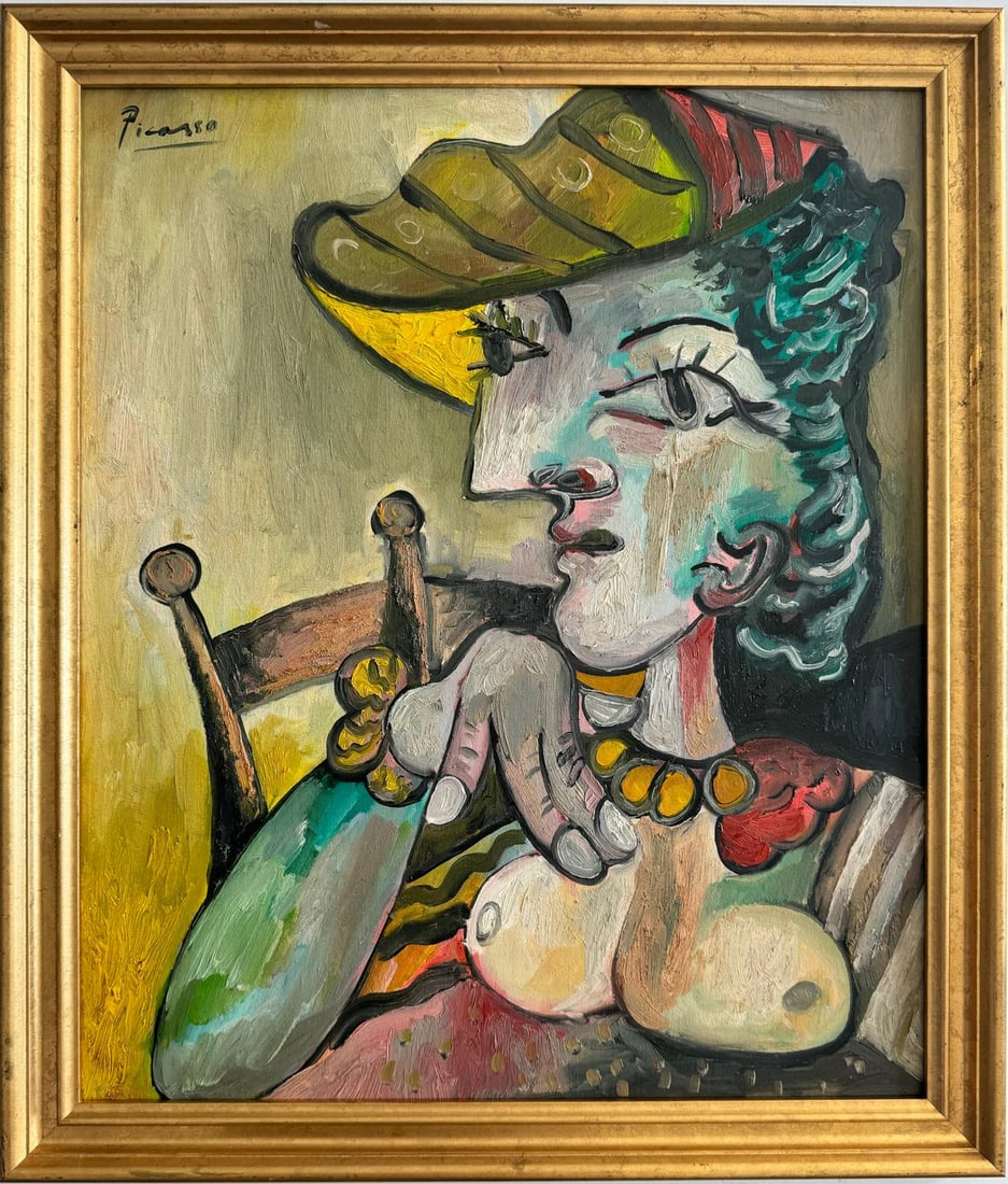 Pablo Picasso Spanish 1881-1973 Beautiful Oil On Canvas Painting In The Style of. Dali Magritte, Era: This cubist oil on canvas painting, measuring 23.5 by 20 inches, presents a striking portrayal of a woman with a distinct French flair. Her figure is rendered in the cubist style, featuring angular sh