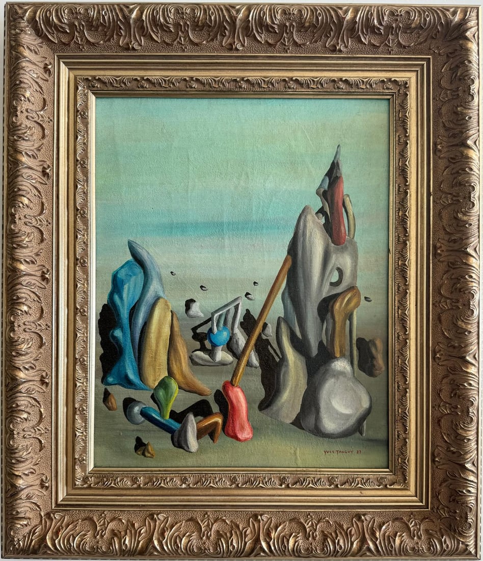 Yves Tanguy French 1900-1955 Oil on canvas painting in the style of. Dali Max Ernst Surrealism: A surrealist oil painting on canvas, measuring 14 1/2 x 11 1/2 inches, presents an otherworldly landscape with figures set against a backdrop of a blue sky desert. This intriguing artwork, framed and