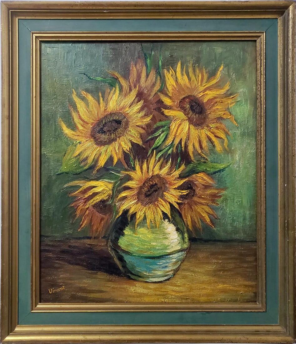 Vincent Van Gogh Dutch 1853-1890 Oil on Canvas painting in the style style of. Gaugin, Degas Era: This oil on canvas painting, measuring 20 by 16 inches, portrays a buckaroo amidst a field of vibrant sunflowers. he artist's skillful brushwork captures the texture of the flowers' petals and the rug