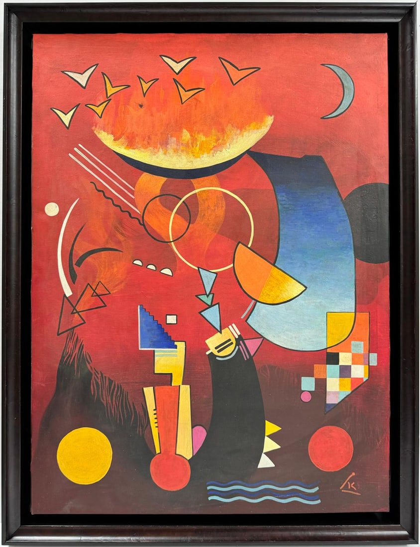 Wassily Kandinsky 1866 - 1944 Oil on Canvas Painting in the style of. Mondrian. Kazimir Malevich Era: Beautiful Abstract Composition Measuring 31 x 23 inches, showcases an abstract composition featuring geometric shapes and a vibrant palette. Originating from a private collection in Europe. Executed w