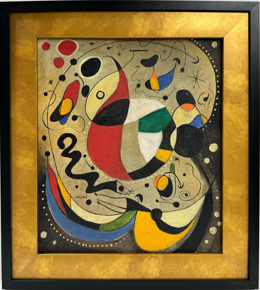 Joan Miro Spanish 1893 - 1983 Oil on Canvas in the style of. Dali Picasso Magritte Chagall Era: This stunning surrealist oil painting, elegantly framed, adorned with colorful figures. Measuring 20.5 x 17.5 inches. This artwork, skillfully crafted using the oil on canvas technique, originates fro