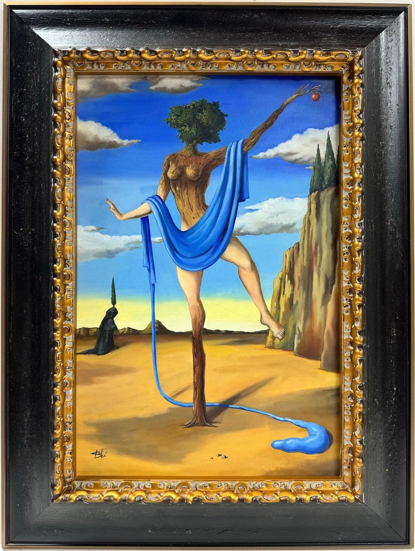 Salvador Dali Spanish 1904 - 1989 Oil on Canvas Painting in the style of. Magritte Ernst Picasso Era: This surrealist oil on canvas painting features a tree that takes on the shape of a dancing woman, set in a desert landscape. The woman-tree figure is adorned with a flowing blue sheet, adding a dynam