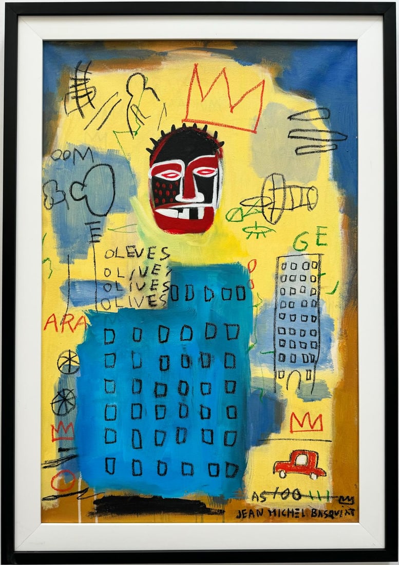 Jean Michel Basquiat Large Abstract In The Style of. Pollock Andy Warhol Era Acrylic on Canvas: This artwork, created using a combination of media on canvas, illustrates various heads surrounded by symbols. Measuring 36 x 24 inches, it stands out as an exceptional and substantial artwork, curren