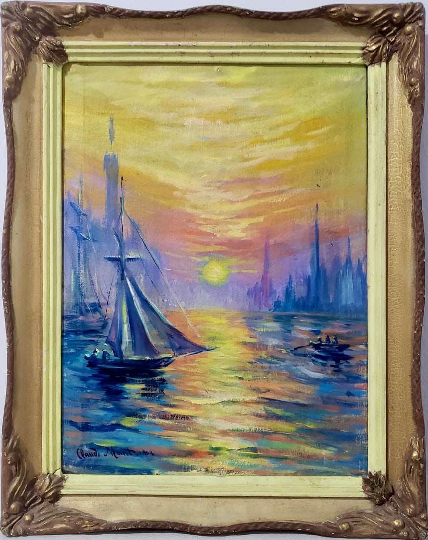 Claude Monet French 1840 - 1926 Oil on canvas Painting in the style of Renoir Manet Pissarro Era.: This breathtaking oil painting on canvas captures the serene beauty of boats gracefully gliding through the tranquil waters of a quiet bay during a picturesque sunset. Measuring 18.5 by 14.5 inches, t