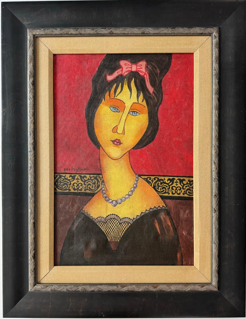 Amedeo Modigliani 1884 - 1920 Italian Oil on Canvas in the style of.Modigliani. Utrillo.Brancusi Era: This modern oil on canvas painting portrays a woman with a red bow, blue eye, red lips, and a long neck, features that are highly characteristic of the artist's style. Measuring 23.5 by 15.5 inches, t