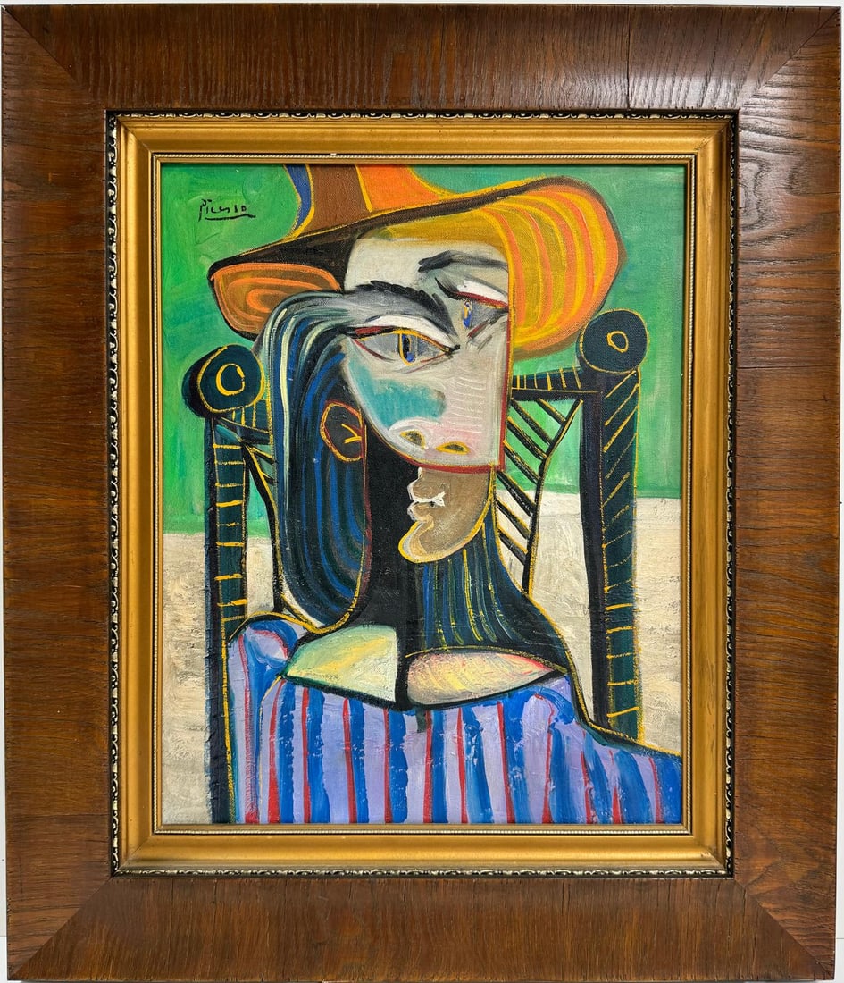 Pablo Picasso Spanish 1881-1973 Beautiful Oil On Canvas Painting in the style of. Dali Magritte, Era: This cubist oil on canvas painting features a character wearing an orange hat, seated in a chair against a green backdrop. Measuring 19 by 15 inches, the artwork is framed and part of a private collec