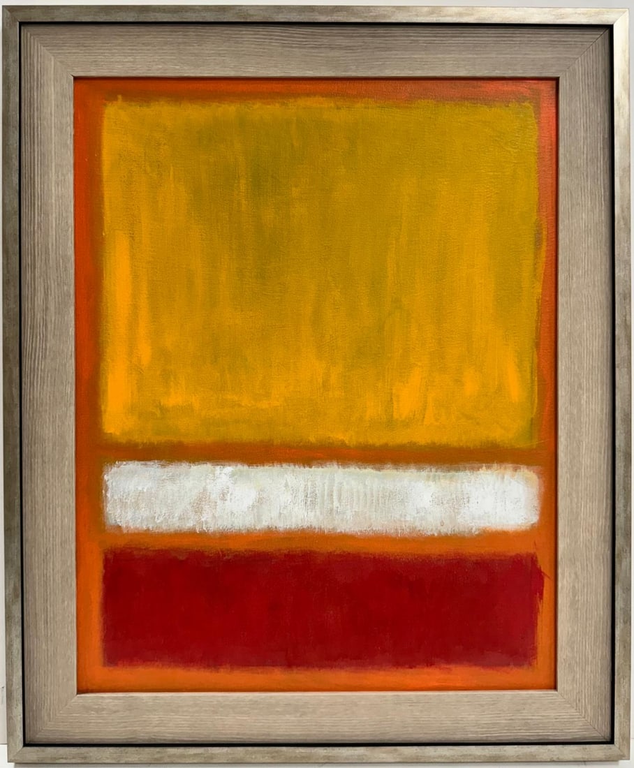 Mark Rothko Russian / American 1903 - 1970 In The Style of Oil on canvas painting Appraisal Pollock: This abstract composition features predominantly red, white, orange, and yellow hues, creating a dynamic interplay of color and form on the canvas. Measures 22 x 18 inches. Private collection. Execute