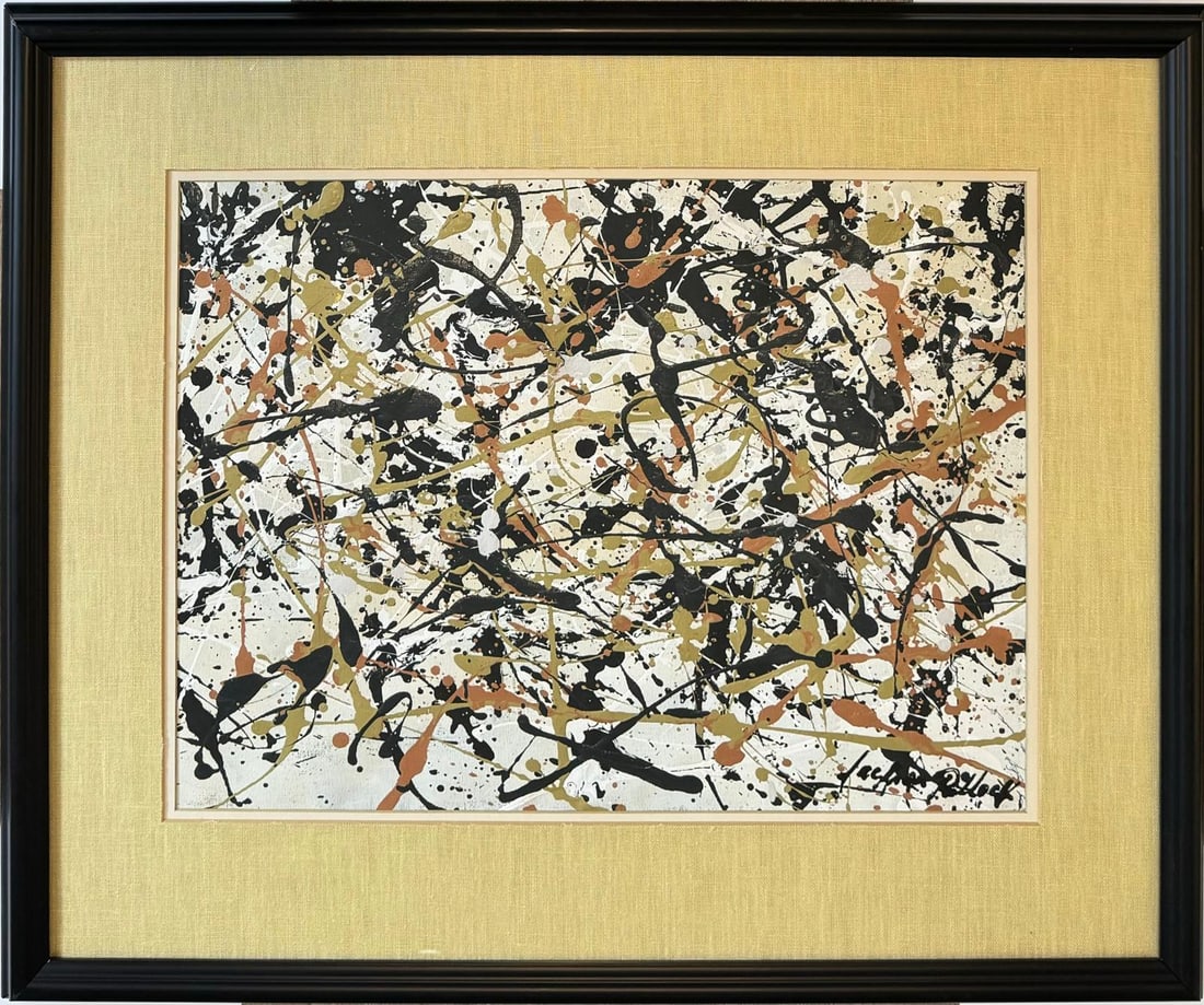 Jackson Pollock American Oil on Paper Painting In The Style of. Rothko Kline de Kooning O'Keeffe.: This abstract oil on paper painting, housed in a private collection, features dominant traces of black, yellow, and orange. The bold interplay of these colors creates a dynamic visual experience, with