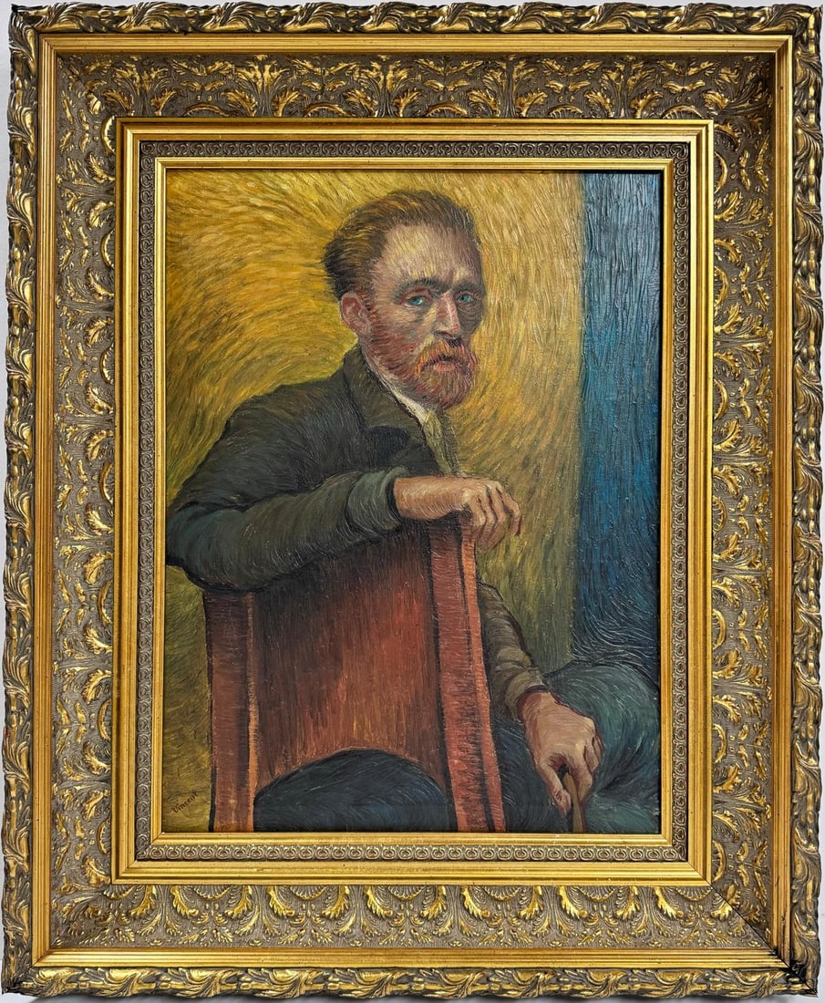 Vincent Van Gogh Dutch 1853-1890 Oil on Canvas painting in the style of. Gaugin, Degas Era: This post-impressionist oil on canvas painting portrays a male figure, measuring 25 by 19 inches and elegantly framed within a private collection. The artwork exhibits characteristic features of post-