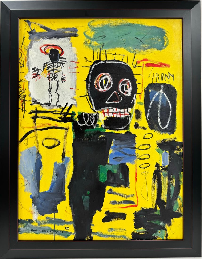 Jean Michel Basquiat Abstract In The Style of. Pollock Andy Warhol Era Acrylic on Canvas: This artwork, created using a combination of media on canvas, illustrates various heads surrounded by symbols. Measuring 32 x 23 inches, it stands out as an exceptional and substantial artwork, curren