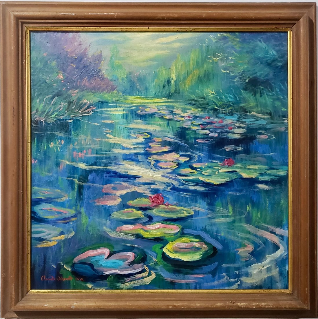 Claude Monet French 1840 - 1926 Oil On Canvas Painting In The Style Of. Renoir Manet Pissarro Era.: In this impressionist oil on canvas painting, a river gently meanders through a landscape adorned with lush vegetation, with water lilies floating on its surface. The predominant use of soft pastel bl