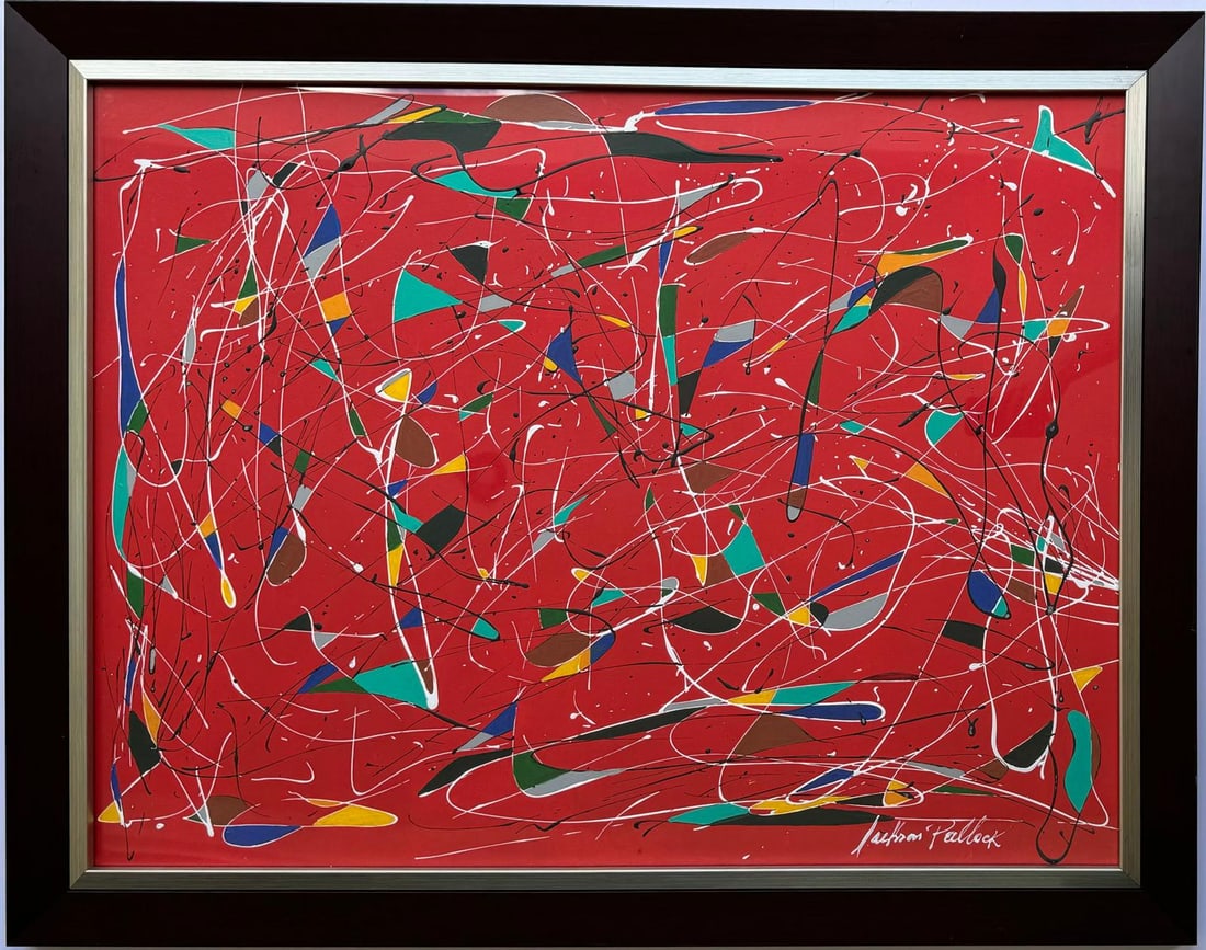 Jackson Pollock American Oil on Paper Painting In The Style of. Rothko Kline de Kooning O'Keeffe.: This abstract expressionist oil painting on paper showcases a vivid palette of yellow, blue, and black against a red surface. Measuring 31 x 40 inches, the piece is elegantly framed and part of a priv