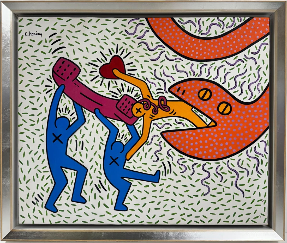 Keith Haring American 1958 - 1990 Acrylic/Canvas In The Style of Warhol Haring Pop Art Era.: This acrylic on canvas painting presents a scene in vibrant pop art style, where two blue characters attempt to rescue an orange character from a snake. The orange character is depicted holding a phon