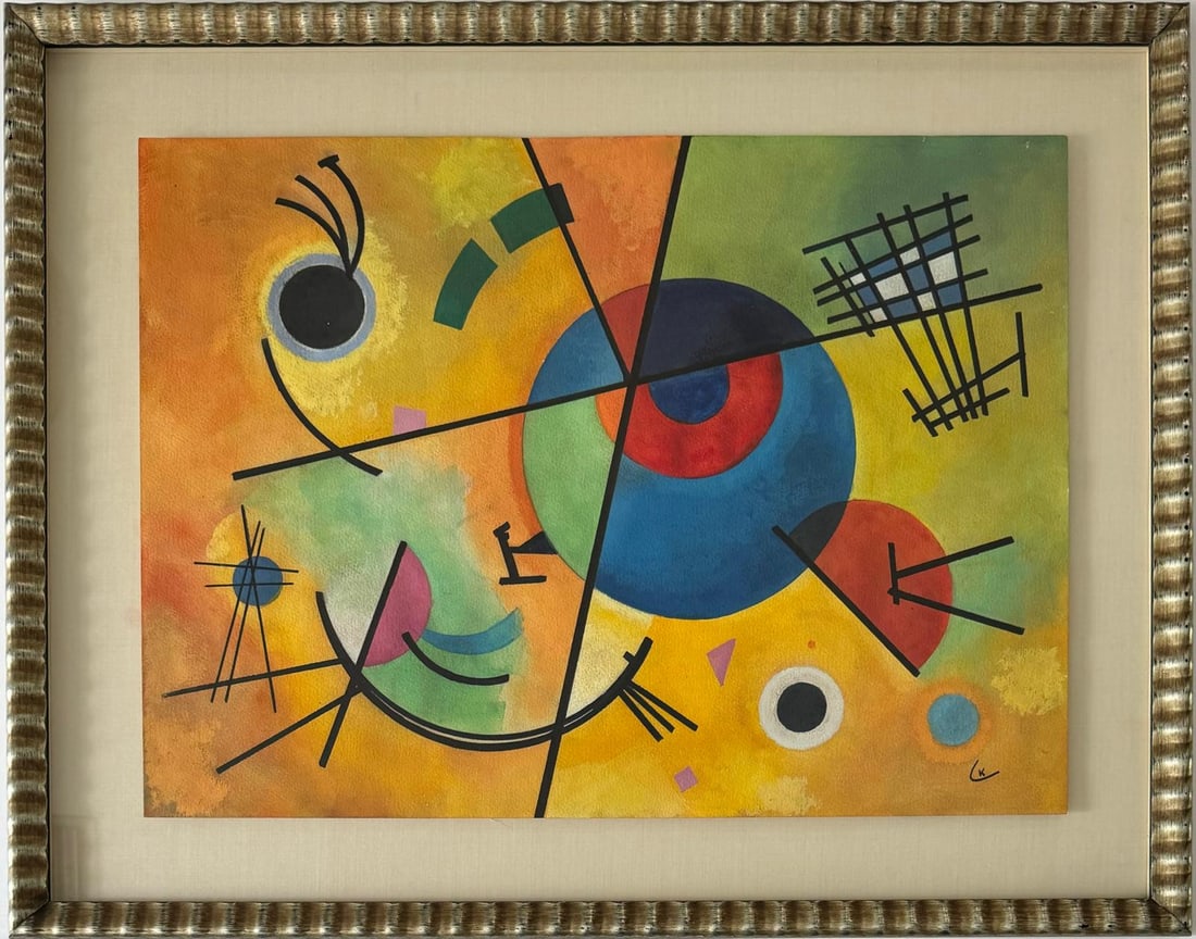 Wassily Kandinsky 1866 - 1944 Watercolor on Paper in the style of. Mondrian. Kazimir Malevich Era: Beautiful Abstract Composition, measuring 21 x 30 inches, showcases an abstract composition featuring geometric shapes and a vibrant palette. Originating from a private collection in Europe. Executed 