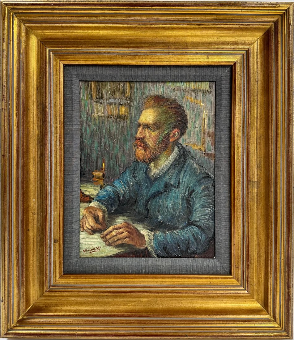 Vincent Van Gogh Dutch 1853-1890 Oil on Canvas painting in the style of Gaugin, Degas Era: This Post-Impressionist oil on canvas painting, measuring 13.5 by 10.5 inches, presents a captivating portrait of a man deeply engrossed in writing. The artist employs bold brushstrokes and vibrant co