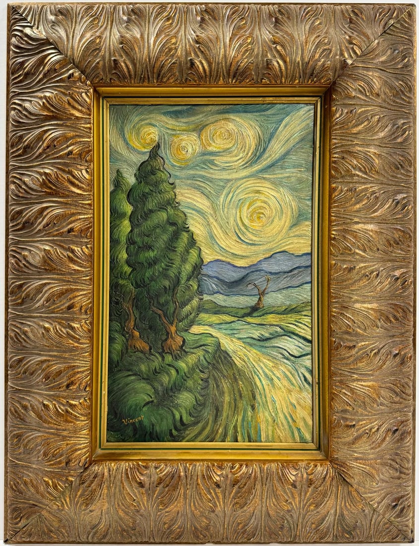 Vincent Van Gogh Dutch 1853-1890 Oil on Canvas painting in the style of Gaugin, Degas Era: This oil on canvas painting depicts a tranquil rural landscape, where lush trees stand against a vivid blue sky adorned with swirling clouds, a hallmark of the artist's style. Measuring 17 by 11 inche
