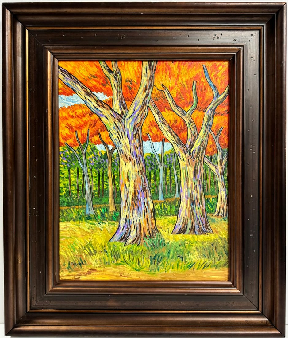 Vincent Van Gogh Dutch 1853-1890 Oil on Canvas painting in the style of Gaugin, Degas Era: This oil on canvas painting portrays a serene landscape adorned with lush, leafy trees. Measuring 20 by 17 inches, the artwork is tastefully framed and part of a private collection. The artist's skill