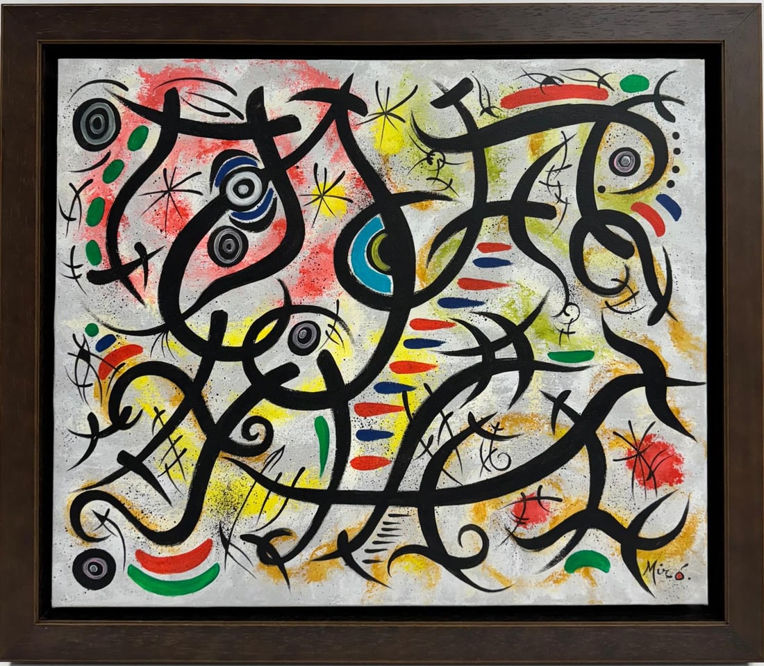 Joan Miro Spanish 1893 - 1983 Oil on Canvas in the style of. Dali Picasso Magritte Chagall Era: This surrealist oil painting on canvas showcases a collection of surreal shapes, each contributing to a dreamlike and fantastical composition. Measuring 24 by 20 inches, the artwork is elegantly frame