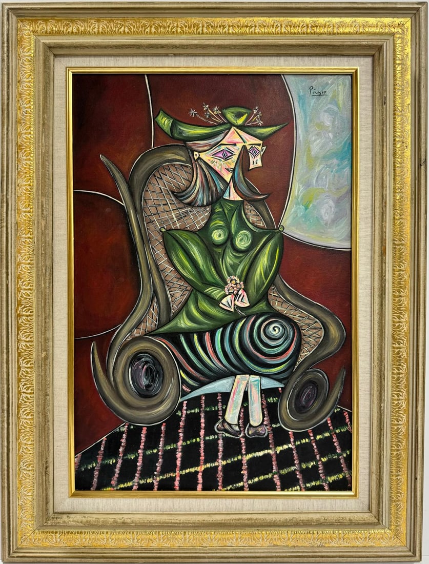 Pablo Picasso Spanish 1881-1973 Beautiful Oil On Canvas Painting in the style of. Dali Magritte, Era: This cubist oil on canvas composition features a woman adorned in a green dress and a matching green hat. The artwork measures 23.5 x 16 inches and is housed in a private collection, framed to enhance