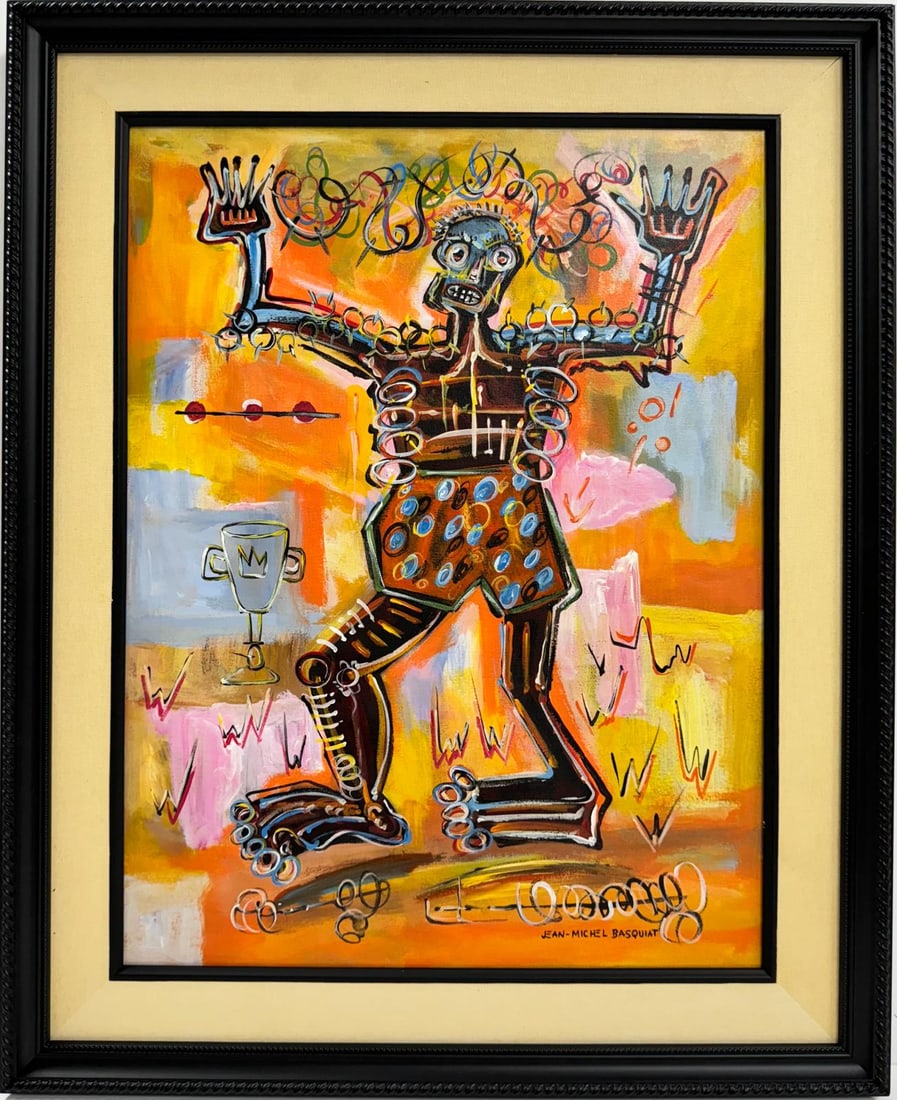 Jean Michel Basquiat Abstract In The Style of. Pollock Andy Warhol Era Acrylic on Canvas: This acrylic on canvas painting depicts a character with hands raised, rendered in warm colors. The artwork measures 21 by 16 inches, is framed, and belongs to a private collection. The use of warm hu